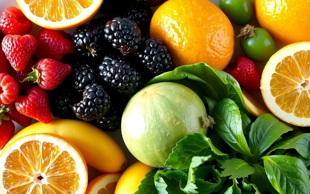 Variedad de frutas y verduras frescas ricas en antioxidantes como bayas, espinacas y cítricos
