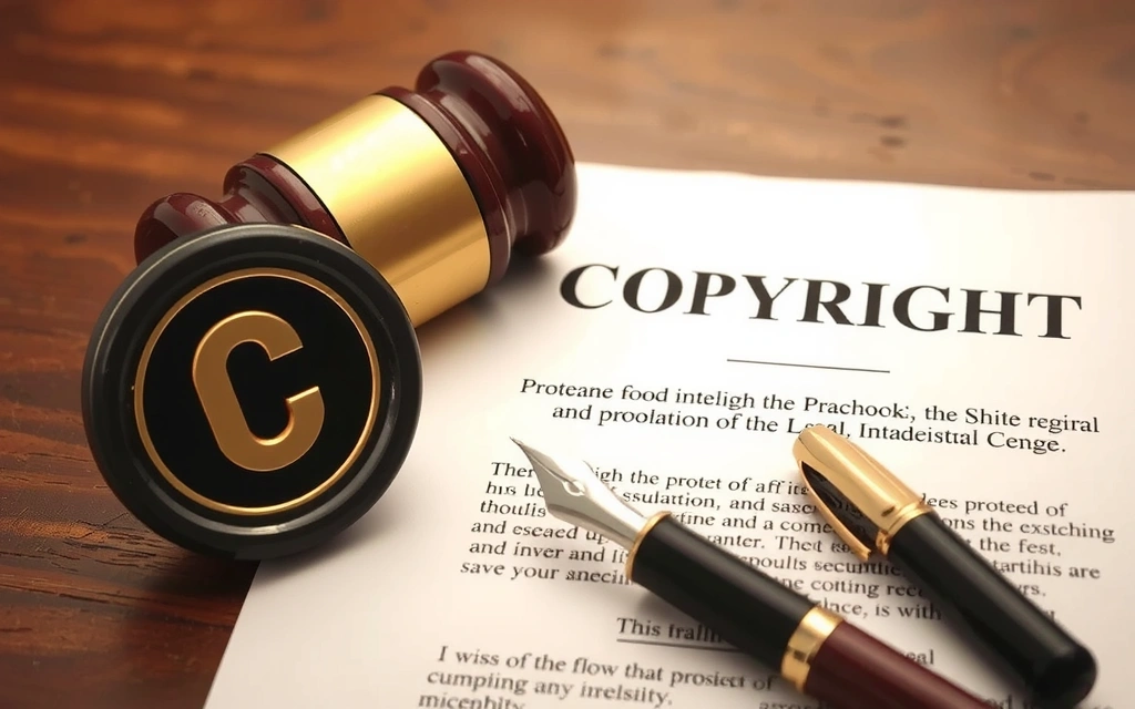 Concepto de derechos de autor con un icono de copyright, documentos legales y una pluma estilográfica sobre un fondo elegante, simbolizando la protección de la propiedad intelectual.
