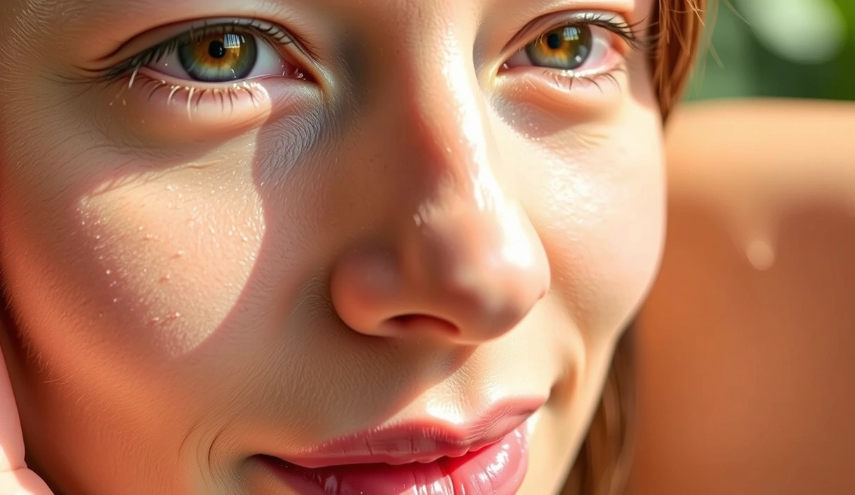 Primer plano de piel sana y luminosa, con un suave brillo natural bajo luz solar