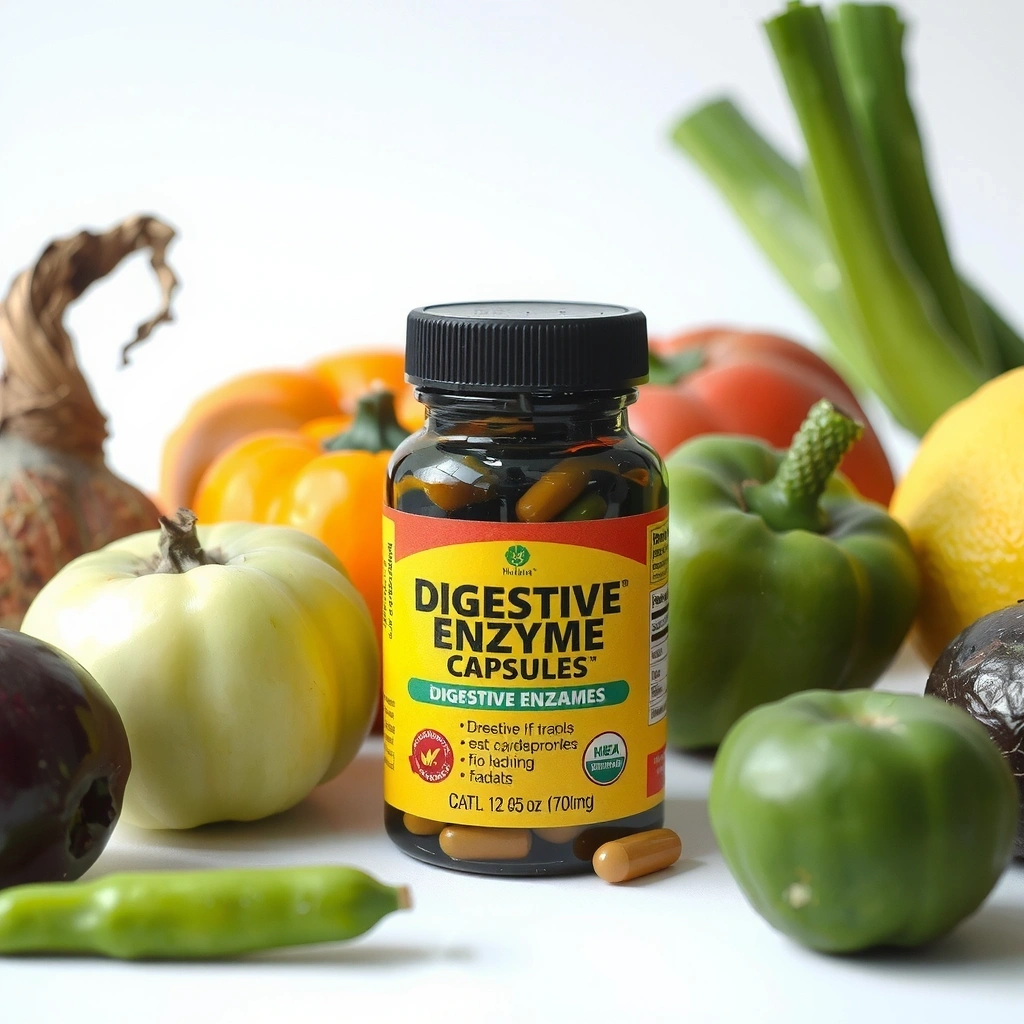 Cápsulas de enzimas digestivas con frutas y verduras