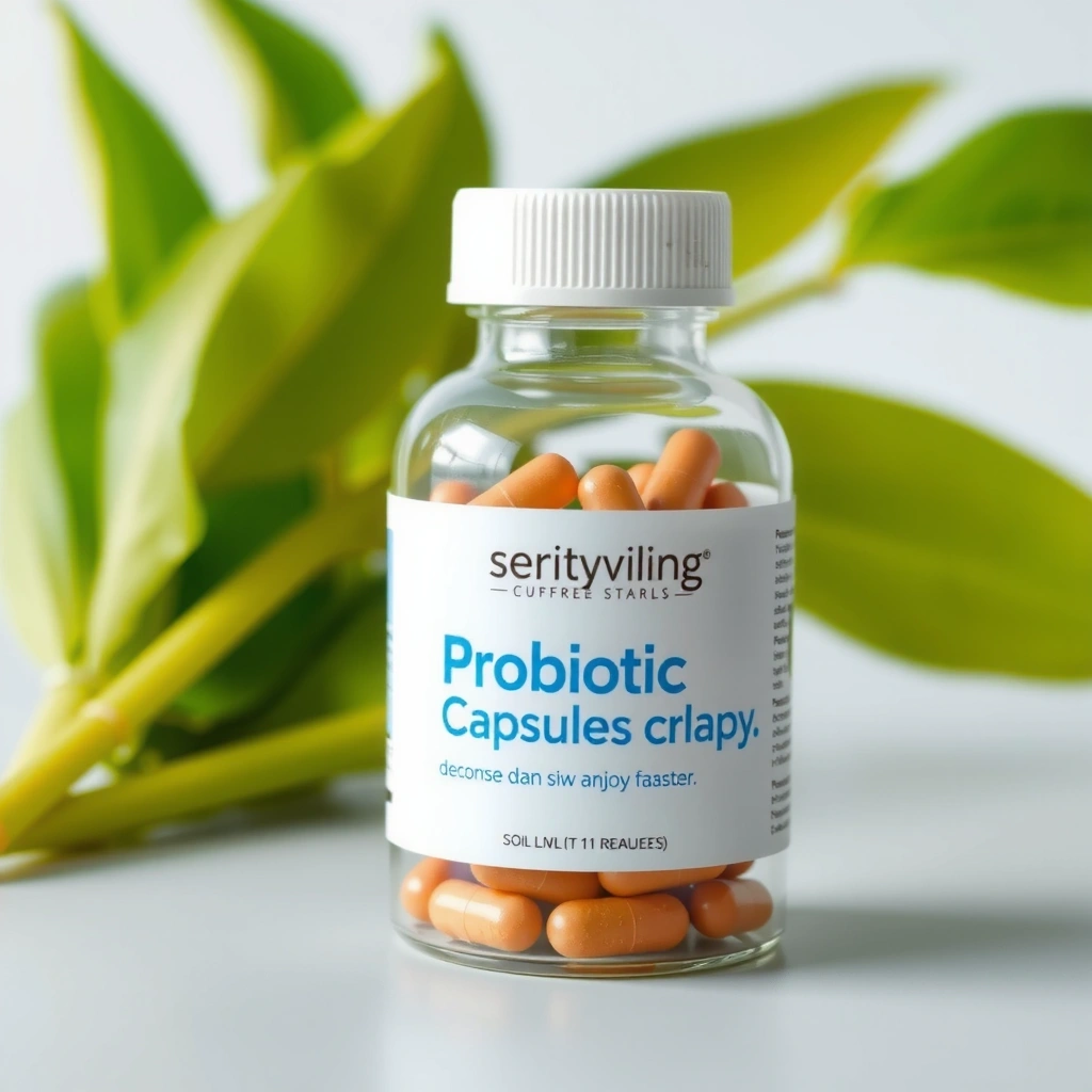 Cápsulas de probióticos en un frasco con hojas verdes