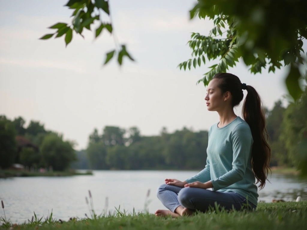Persona meditando en un entorno tranquilo, simbolizando la reducción del estrés y la recuperación de energía.