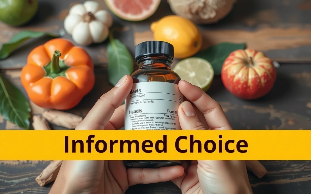 Manos sosteniendo un frasco de suplementos con etiquetas, con un fondo borroso de ingredientes naturales.