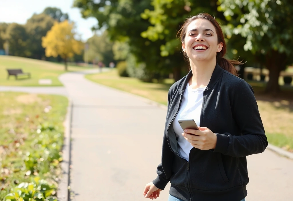 Una persona sonriente y enérgica disfrutando de una caminata en un parque soleado, con un aire fresco y naturaleza exuberante, simbolizando la salud y la vitalidad a través de un estilo de vida activo.