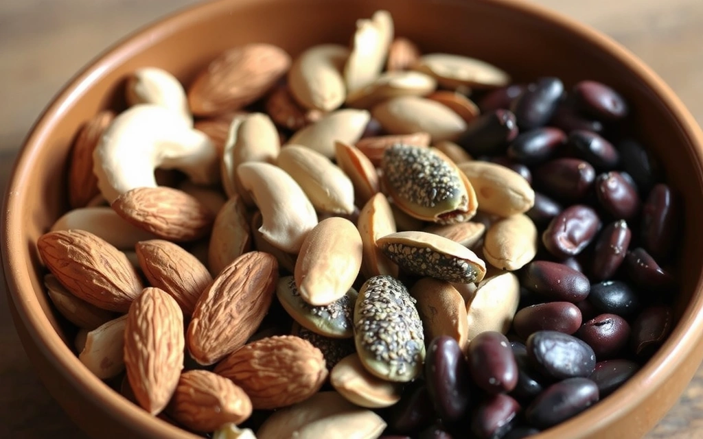 Un tazón con una mezcla de nueces, semillas (calabaza, girasol, chía) y legumbres, bellamente presentados.